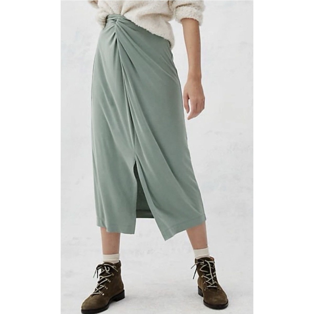Anthropologie Women's XL‎ Petite Green Twist Front Junie Midi Skirt
